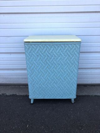 Vintage Mid Century Modern Turquoise Blue Clothes Hamper With Plastic Top Lid