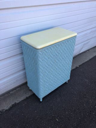 Vintage Mid Century Modern Turquoise Blue Clothes Hamper With Plastic Top Lid 2