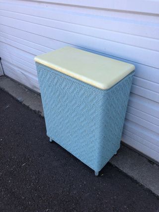Vintage Mid Century Modern Turquoise Blue Clothes Hamper With Plastic Top Lid 3