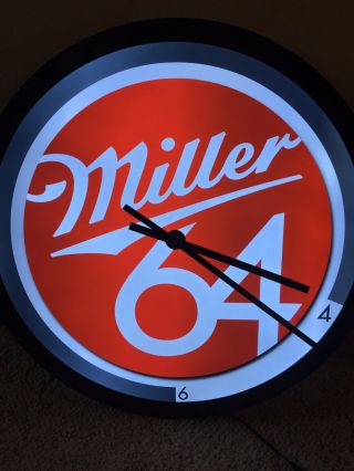 Vintage Miller 64 Miller Happy Hour Beer Lighted Clock Sign 20 Inch Diameter
