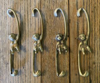 Vintage Brass Hanging Monkey Hooks Hangers Mid Century Hardware Set Of 4