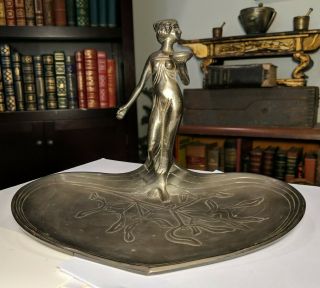 Vtg Art Nouveau Heart Shaped Calling Card Tray Lady Antique Pewter