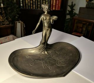 VTG Art Nouveau Heart Shaped Calling Card Tray Lady Antique Pewter 2