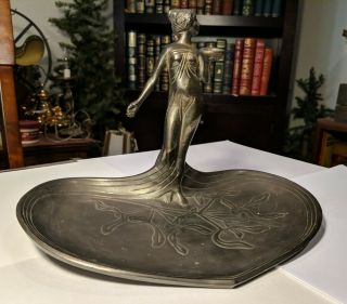VTG Art Nouveau Heart Shaped Calling Card Tray Lady Antique Pewter 3