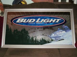 Bud Light Budweiser 32.  5 X18.  5 In.  Beer Mirror Anheuser Busch Snowmobile Sign
