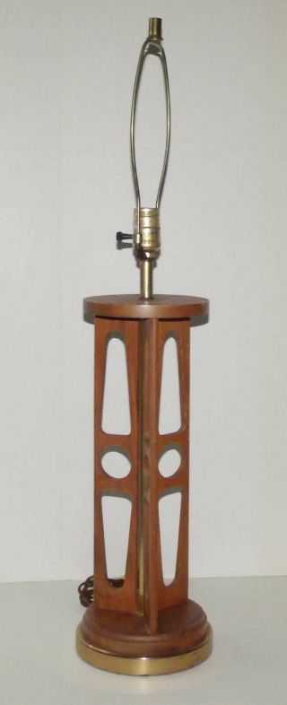 Vintage Mcm Danish Modern Wood Table Lamp With Brass Accents