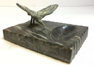 Vintage Art Deco Cold Painted Metal Seagull On Marble Base,  Desk Top Tray,  Dish