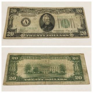 Vintage Green $20 1934 - B Boston Federal Reserve Note Twenty Dollar Bill Vinson