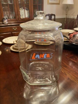 Vintage 8 Sides Lance Cracker Store Counter Glass Jar W/ Small Chip On Class Lid