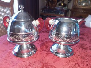 Vintage Art Deco Chrome And Red Lucite Handles Cream And Sugar Set