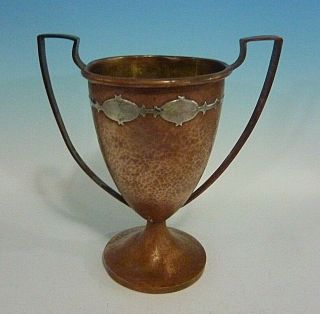 Antique Arts & Crafts Movement Hammered Copper & Silver Loving Cup Trophy