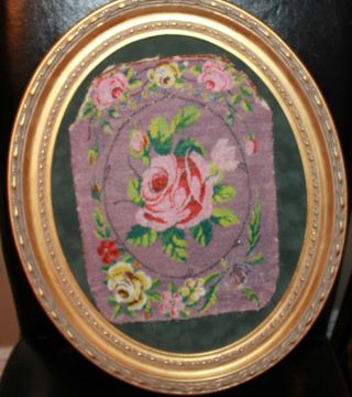 Oval Wall Framed Rose Floral Antique Vintage Art Deco Glass Bead Needle Work=
