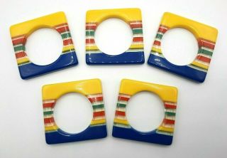 Vintage Set Of 5 Rainbow Square Plastic Napkin Rings Yellow Red Green Blue Clear