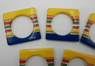 Vintage Set of 5 Rainbow Square Plastic Napkin Rings Yellow Red Green Blue Clear 2