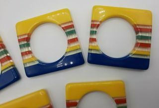 Vintage Set of 5 Rainbow Square Plastic Napkin Rings Yellow Red Green Blue Clear 3