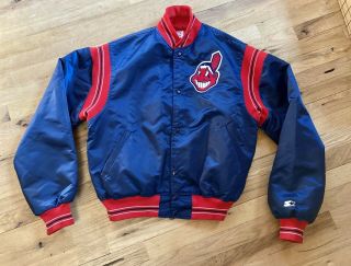 Vtg Cleveland Indians Starter Jacket 90s Satin Blue Bomber Chief Wahoo Xl Coat
