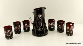 Vintage Ruby Red Cut To Clear Pitcher And 6 Tumblers Set