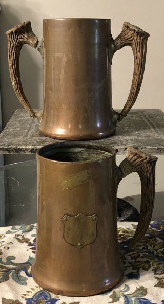 2 Antique Copper Mugs Antler Handles Tankard Rich Patina Primitive Metalware