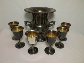 Vtg Sheridan Silver Plate Ornate Champagne Ice Bucket Wine Cooler & 6 Goblets