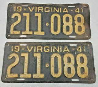 Vtg 1941 Virginia License Plates,  Set 211 - 088,  Hard To Find