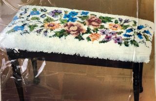 Vintage 1980 Bernat Tabrette Yarn Latch Hook Kit 15x33 " Flowers Piano Bench Rug