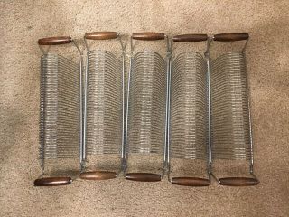 5 Vintage Wire Record Holder Racks W/ Wood Handles Hold 40 Records Each