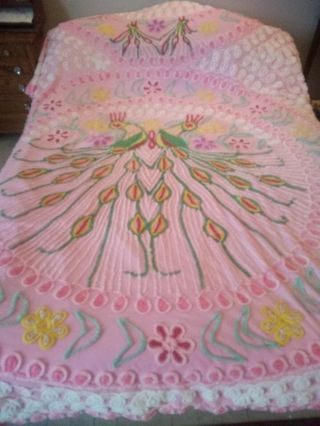 Lovely Vintage Chenille Double Peacock Bedspread 94 " X 100 " Estate Find