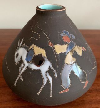 Small Vintage Decorative Ceramic Vase Enamel Graphics Mid Century Modern Signed