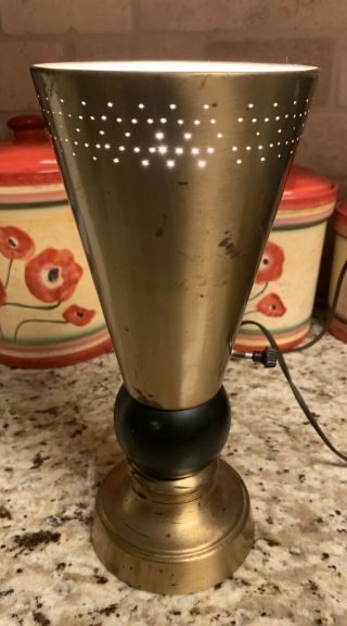 Vintage 12” Mid - Century Modern Metal/wood Pinhole Starlight Cone Lamp Up - Light