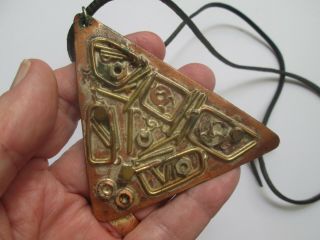 Large Triangular Unique Antique Arts & Crafts Copper & Brass Jewelry Pendant