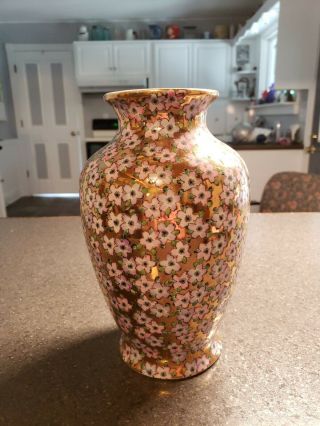 Vintage Gold Imari Hand Painted Floral Vase - - - Made In Japan 9.  75 "