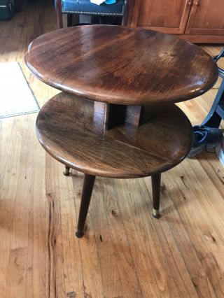 Two Tier Round Mid Century Modern End Table.  Solid Wood.