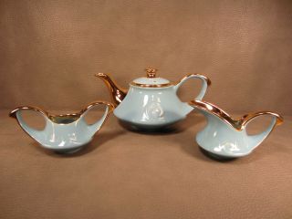 Mid Century Modern Pearl China Vintage Tea Set Pot - Sugar - Creamer Turqouise Gold