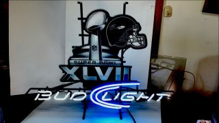 Large Bud Light Neon Sign,  Baltimore Ravens Bowl 47,  31.  5x24”