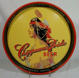Old Leinenkugel Beer Tin Serving Tray Indian Maiden Chippewa Falls Wisconsin Wi