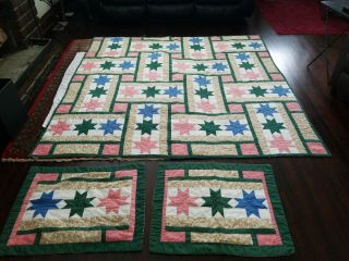 Vintage Arch Quilts Star Pattern Hand Stitched Blue Green Pink Full/queen Shams