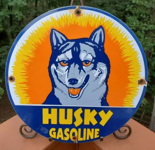 Vintage Old Husky Gasoline Motor Oil Porcelain Gas Station Sign Dog Breed
