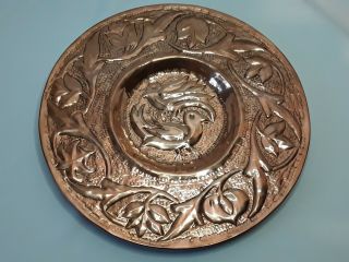 Arts & Crafts Hammered Copper Plate With Two Birds Surrounded By Flora.