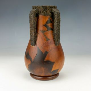Antique Arts & Crafts Pokerwork Carved Wood Vase - Made For Liberty 