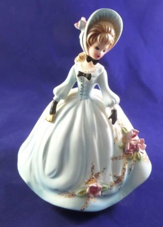 Vintage Josef Originals Blonde Lady In Blue Dress & Hat With Roses 7 " Tall