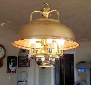 Vintage Bright Gold Brass Hanging Domed Hurricane Ceiling Light