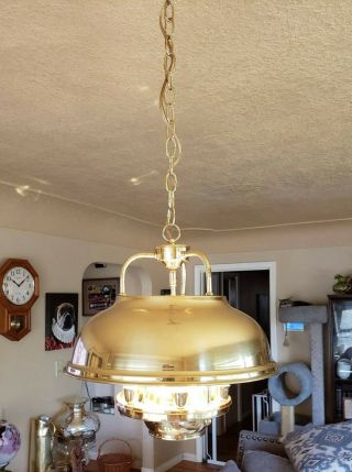 Vintage Bright Gold Brass Hanging Domed Hurricane Ceiling Light 2