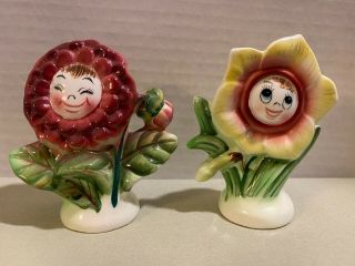 Vintage Pair Py Japan Anthropomorphic Flower Face Salt & Pepper Shaker Set