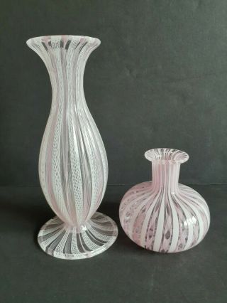 Two Vintage Hand Blown Murano Glass Latticino Venini Vases 1950 