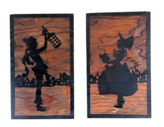 Antique Art Nouveau Hand Carved Grain Wood Silhouettes Wall Plaques/art