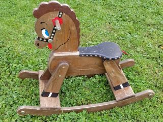 Vintage Handmade Wooden Rocking Horse Painted Solid Kids Toy Studded Bridle