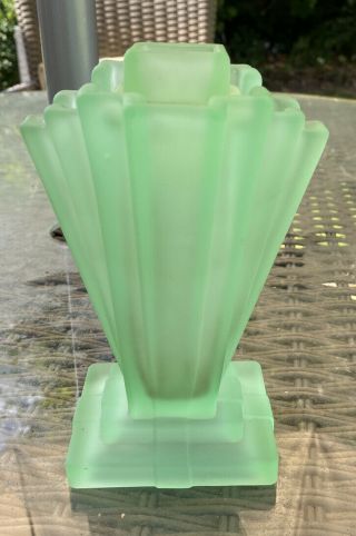 Art Deco Bagley 6” Frosted Green Glass Grantham Vase With Inner Piece