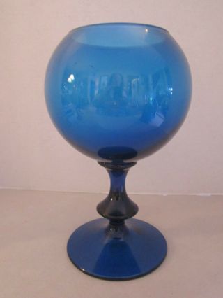 Mid Century Modern Round Cobalt Blue Art Glass Vase.  Pedestal Elevated 10 - 1/4 "