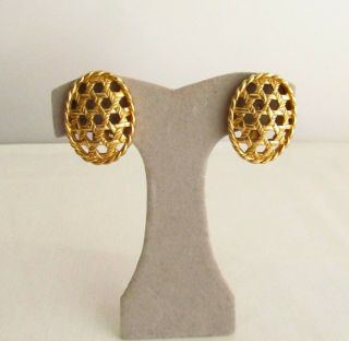 Christian Dior Cannage Woven Design Gold Plated Earrings Clip - On Vintage 80 