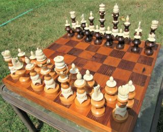 Vintage Hand Carved Wood And Bone Chess Set Wooden Case/board Faux Ivory Mexican